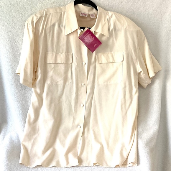 NWT VINTAGE 100% silk SIGNATURE SILKS CREAM SHORT SLEEVE OFFICE WORK SIZE LARGE - Picture 4 of 12